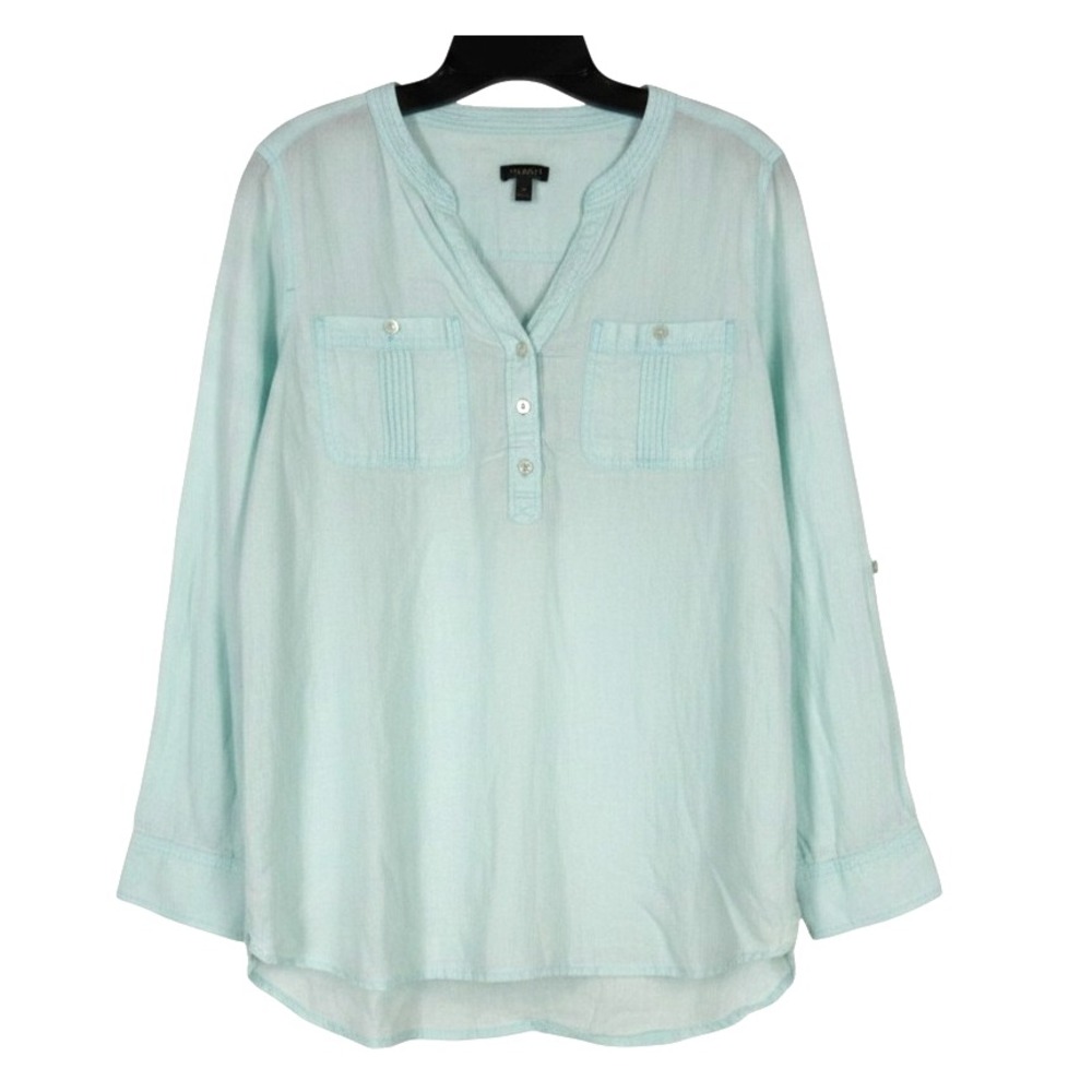 TALBOTS Lightweight LINEN Teal V-NECK 3-Button-Up POPOVER BLOUSE/TOP Sz M